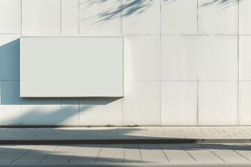 Blank Billboard on a Sunlit Urban Wall
Empty white billboard mounted on an exterior wall with interesting shadows cast by trees, in an urban setting with a clear sidewalk.
