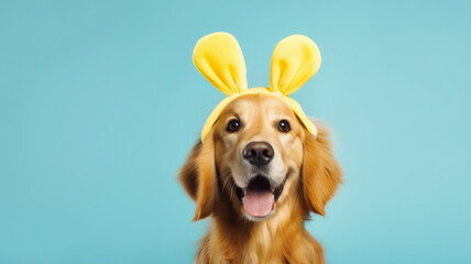 Golden retriever dog with easter bunny ears on baby blue background. Easter concept.