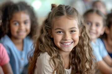 Happy group of pupils during during class elementary school lessons. Schoolgirl is smiling and looking at camera. Generative AI - obrazy, fototapety, plakaty