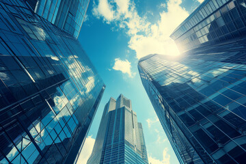 Modern Skyscrapers Touching the Sky in Sunlight
Upward view of towering skyscrapers with reflective glass facades against a backdrop of blue sky and sun flare.
