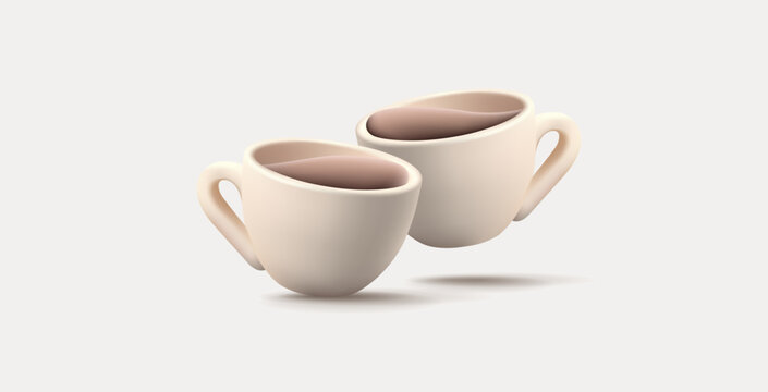 Cups with coffee 3D. Tilted cups with a liquid, drink. For advertising cafes and shops. Vector