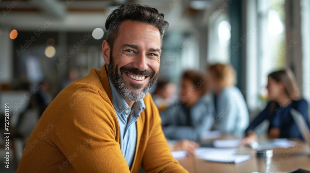 Poster photo concept of a man in a professional office environment, smiling warmly while engaging in a disc