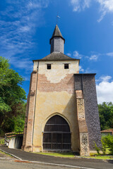 Fototapeta na wymiar Clocher porche de Mimizan, UNESCO site, Camino de Santiago, New Aquitaine, France