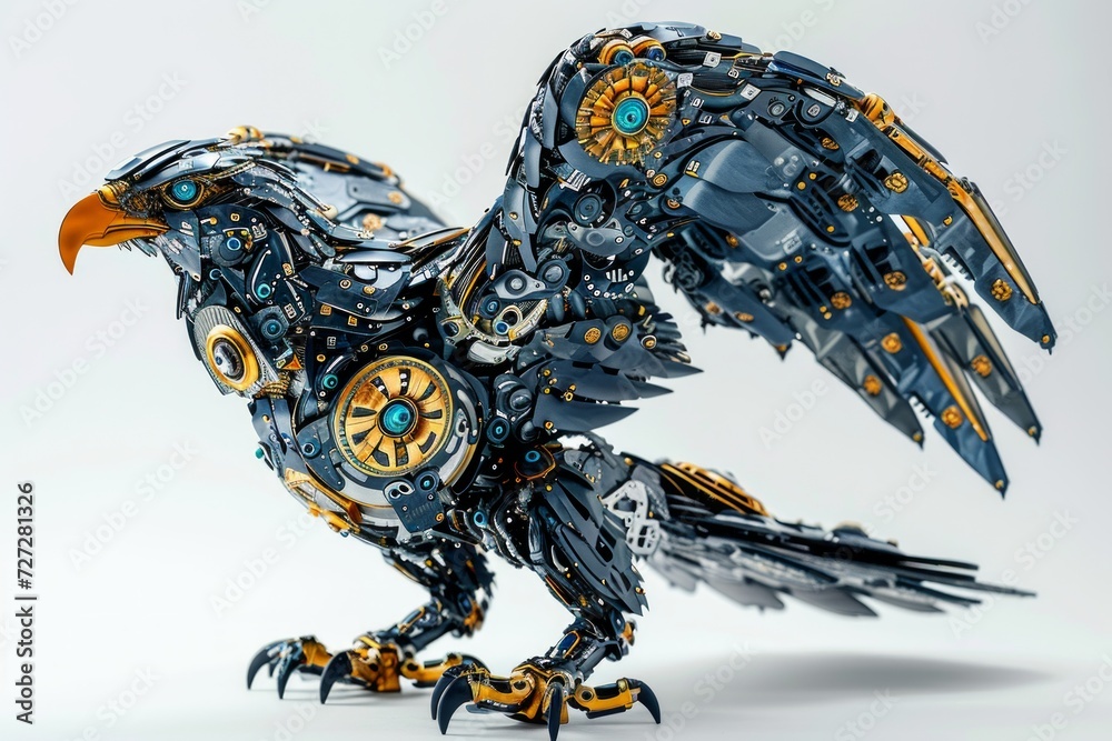 Aufkleber Photo concept of a robotically modified eagle with mechanical wings and technological modifications, set against a plain white background Generative AI
