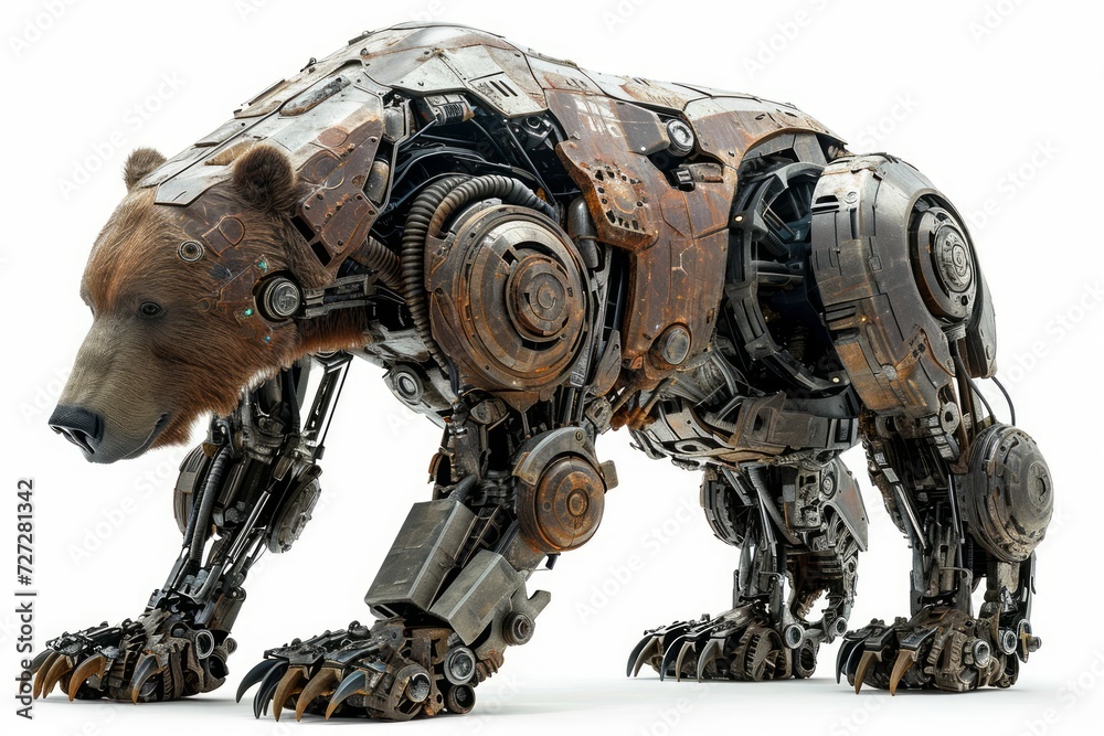 Aufkleber photo concept of a robotically modified grizzly bear, featuring cybernetic enhancements and mechanic