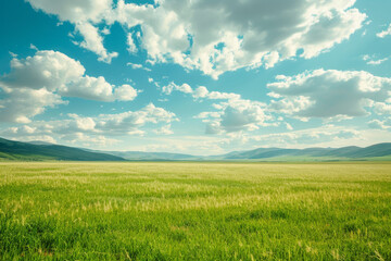 Obraz premium Expansive Green Field Under Cloudy Blue Sky A serene, wide-open green field with a vibrant blue sky dotted with fluffy white clouds, rolling hills in the distance. 