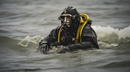 Fototapeta na wymiar scuba diver going out of water