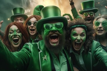 A group of happy friends celebrate St. Patrick's Day. They are dressed in carnival hats and clothes in shades of green. - obrazy, fototapety, plakaty