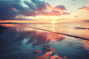 Sunrise and Cloud Reflections on Beach Shore
