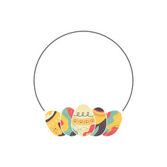 Easter egg round frame design. Easter holiday egg hunt border with space for text in colorful flat style with ornaments. Retro wreath. Stock vector illustration card
