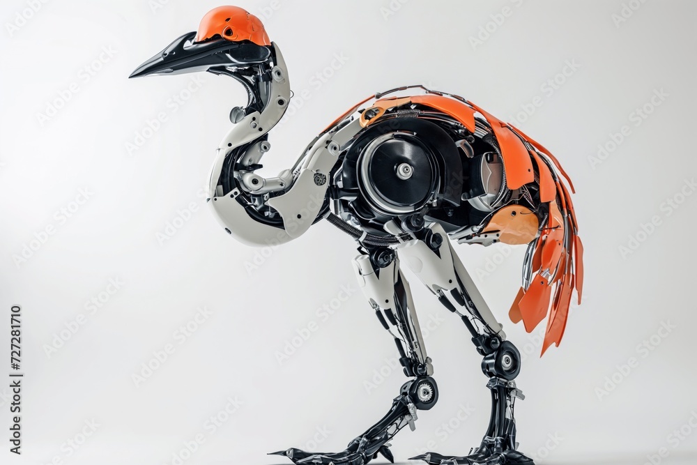 Poster Photo concept of a robotically modified ostrich, featuring mechanical legs and cybernetic modifications, displayed against a clean white background Generative AI