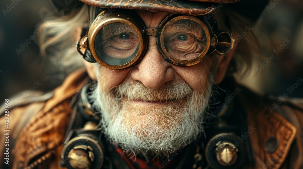 Poster photo concept of an elderly post-apocalypse individual in steampunk attire, smiling and displaying r