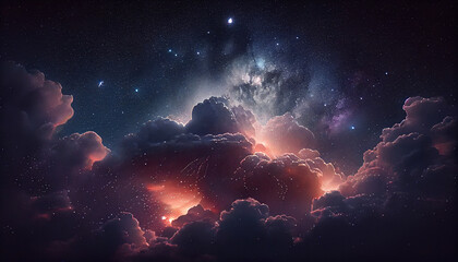Space night sky with clouds and stars, abstract background, Ai generated image