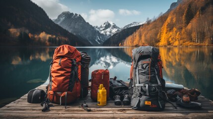 Backpack on Wooden Table by Lake - Powered by Adobe