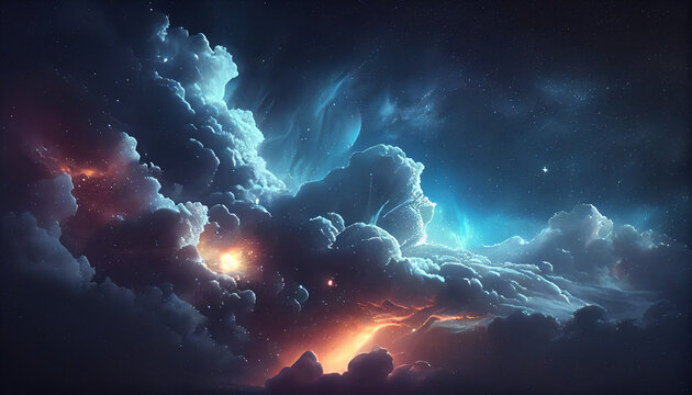 Space night sky with clouds and stars, abstract background, Ai generated image