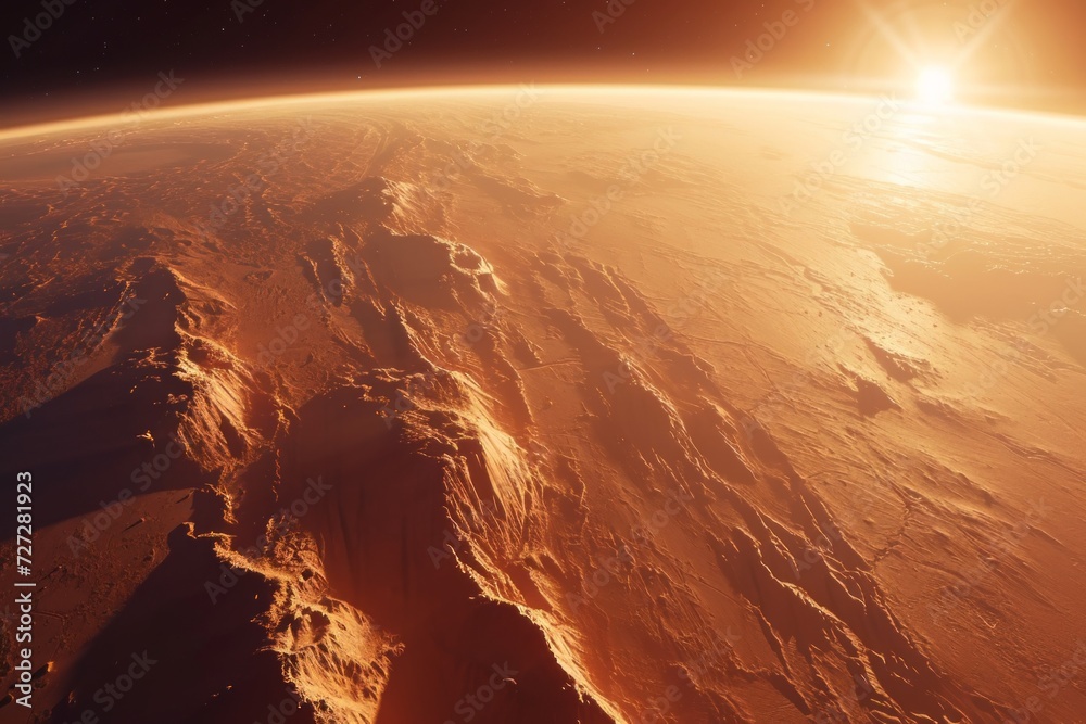 Poster photo concept of mars, displaying its surface and features from a high-angle perspective