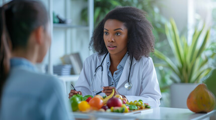 Naklejka premium focused female doctor discussing nutrition with a patient, with fresh fruits and vegetables on the table