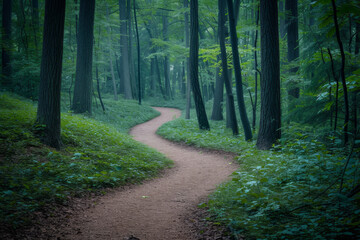Fototapeta na wymiar Meandering Trail in a Misty Green Forest 
