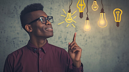 young man in glasses looking upwards and pointing at a series of illustrated light bulbs above him, with one particularly bright and illuminated, symbolizing a bright idea or inspiration - obrazy, fototapety, plakaty