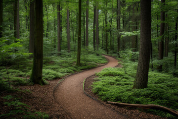 Obraz premium Curving Forest Trail Amidst Lush Foliage 