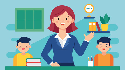 Fototapeta premium Smiling Female Teacher in Classroom With Two Students