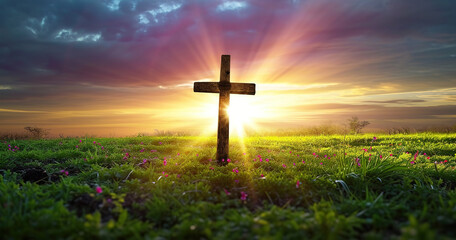christian background with jesus cross and beautiful green field