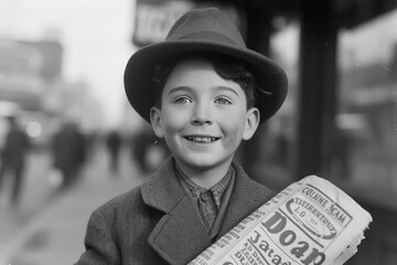 Classic Vintage Newsboy Holding a Newspaper.
Black and white image of a young newsboy from a bygone era, holding up a newspaper with pride.