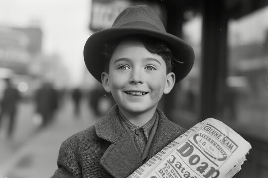 Classic Vintage Newsboy Holding a Newspaper.
Black and white image of a young newsboy from a bygone era, holding up a newspaper with pride.