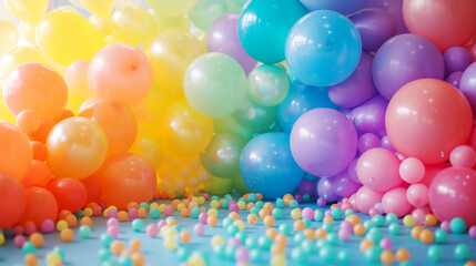 Colourful Balloon Background with Festive Atmosphere.
A sea of multicoloured balloons creating a joyous and vibrant background.