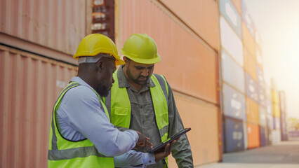 Two workers in safety suits and hard hats use tablets together in a container yard. Business of...