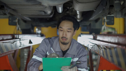 A man is working on a car under a lift. He is writing on a clipboard. Scene is serious and focused