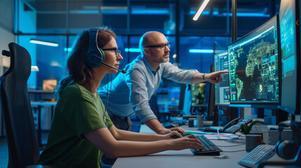Obraz premium two professionals in an office setting, where a woman is seated at a computer wearing headphones