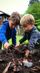 Children emptying kitchen waste in to a compost bin. Environmentally friendly lifestyle. compost out of composter, farmer lifestyle. Ecology protection and reduce pollution concept