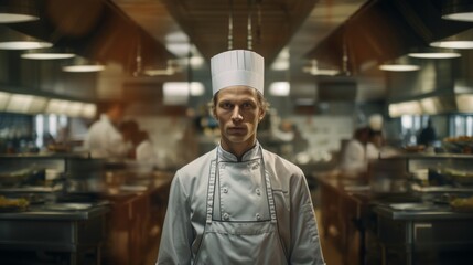 Naklejka premium Portrait of a male chef in a bustling kitchen, multitasking, overseeing cooking activities, professional environment 