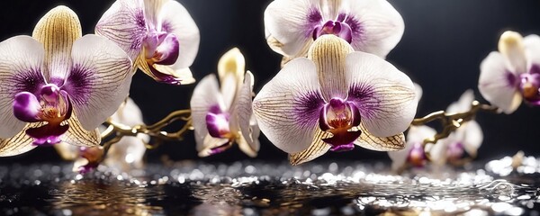 there are many orchids that are on the table with water