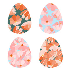 Set of decorative Easter eggs with floral patterns. Delicate cherry blossoms, sakura flowers on eggs