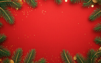 Fototapeta na wymiar Christmas Background: Xmas Tree with Sparkling Bokeh Lights on Red Canvas - Merry Christmas Card, Winter Holiday Theme, Happy New Year - Space for Text