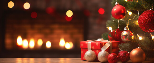 Fototapeta na wymiar Christmas Tree with Decoration Balls and Gifts: Bokeh Background