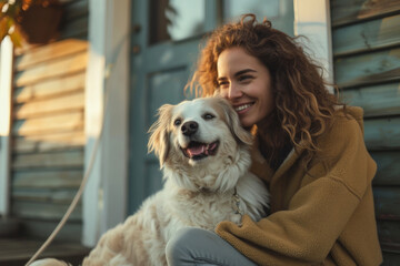 Joyful Woman Embracing Fluffy Dog at Sunset.
A young woman shares a loving embrace with her fluffy white dog during a beautiful sunset.