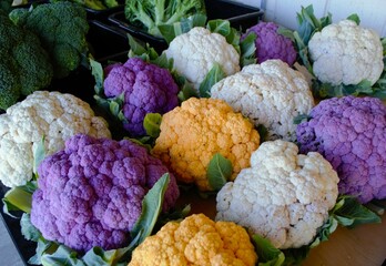 Multi-colored cauliflower on display