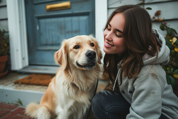 Affectionate Moment Between Woman and Golden Retriever. Woman lovingly gazes at her pet Golden Retriever on a house porch.