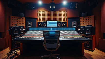 professional music studio with a large mixing console