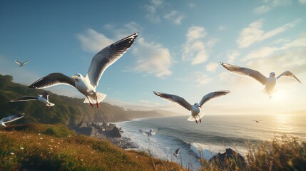 Fototapeta na wymiar Flying Seagulls Illustration - 8K/4K Photorealistic Art