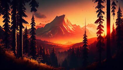 Sunrise in the forest mountain, Ai generated image