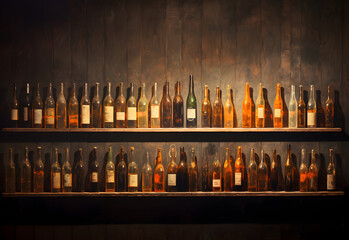 bottles of wine lined up against wooden shelves