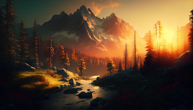 Sunrise in the forest mountain, Ai generated image