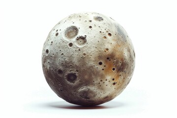 Obraz premium Realistic depiction of Phobos, a moon of Mars, showcasing its irregular shape and cratered surface against a bright white backdrop 