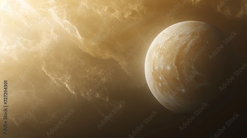 Poster Realistic depiction of Venus, focusing on its cloud cover and surface from a unique angle Generative AI