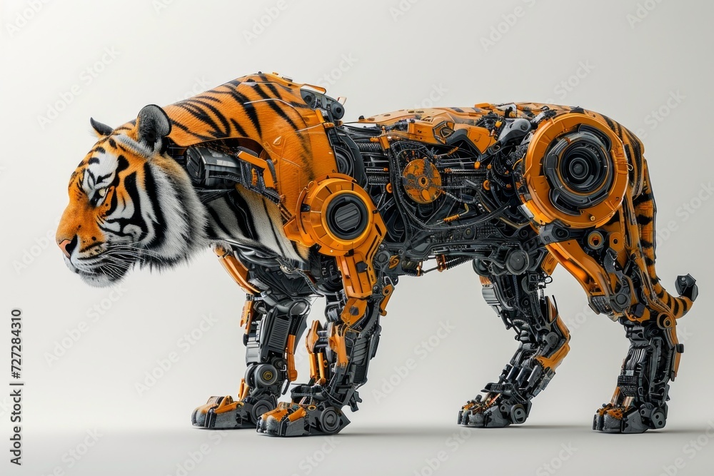 Poster realistic image of a tiger integrated with robotic components, exhibiting technological modification