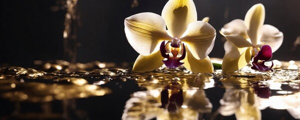there are three orchids that are sitting on the water